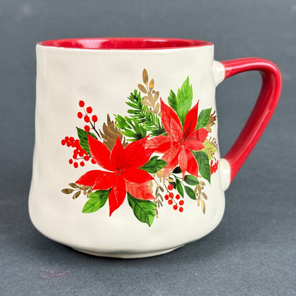 Jingles & Joy Poinsettia Christmas Mug Coffee Cup Red White Holiday